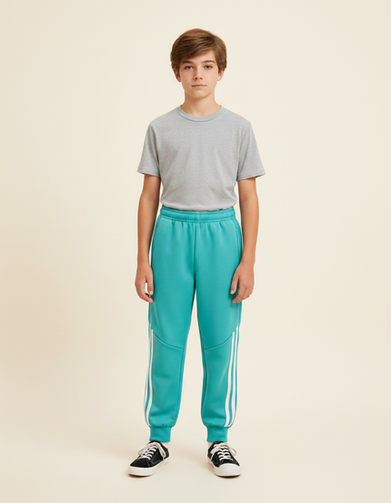 Pantalon Parachute Turquoise Rayures Blanches Garçon Sportif - Bleu Molleton