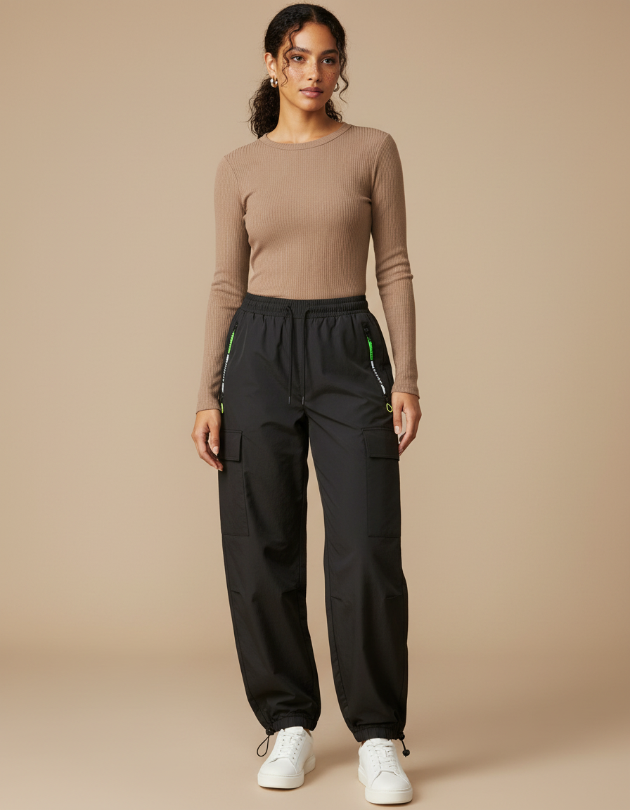 Pantalon Parachute Noir Cargo Ample Femme Multipoches - Polyester