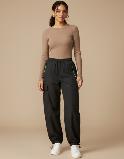 Pantalon Parachute Noir Cargo Ample Femme Multipoches - Polyester