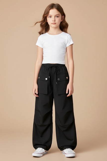Pantalon Parachute Noir Cargo Ample Fille Léger - Polyester