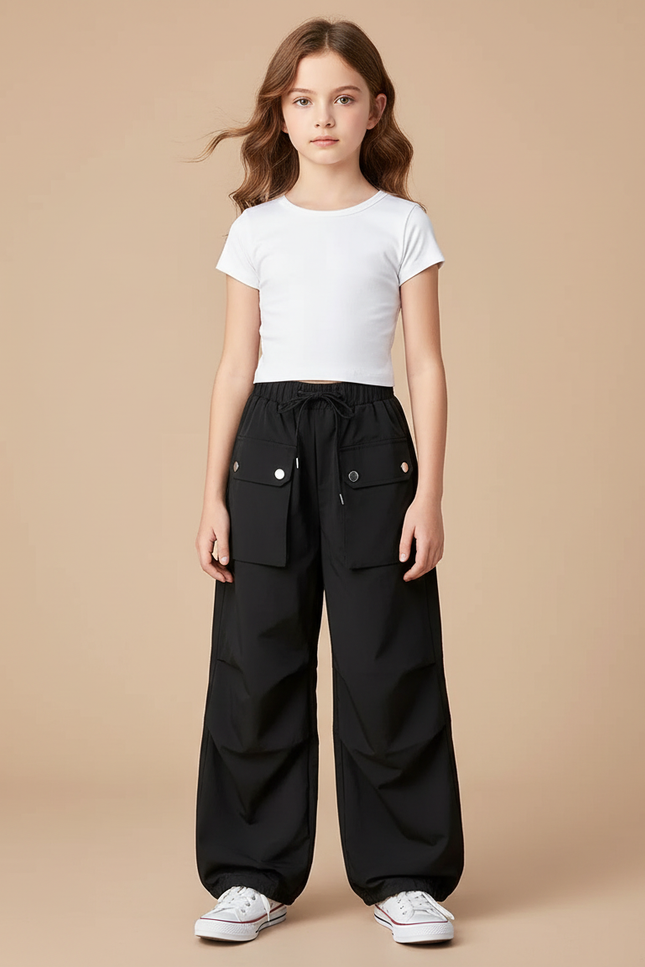 Pantalon Parachute Noir Cargo Ample Fille Léger - Polyester