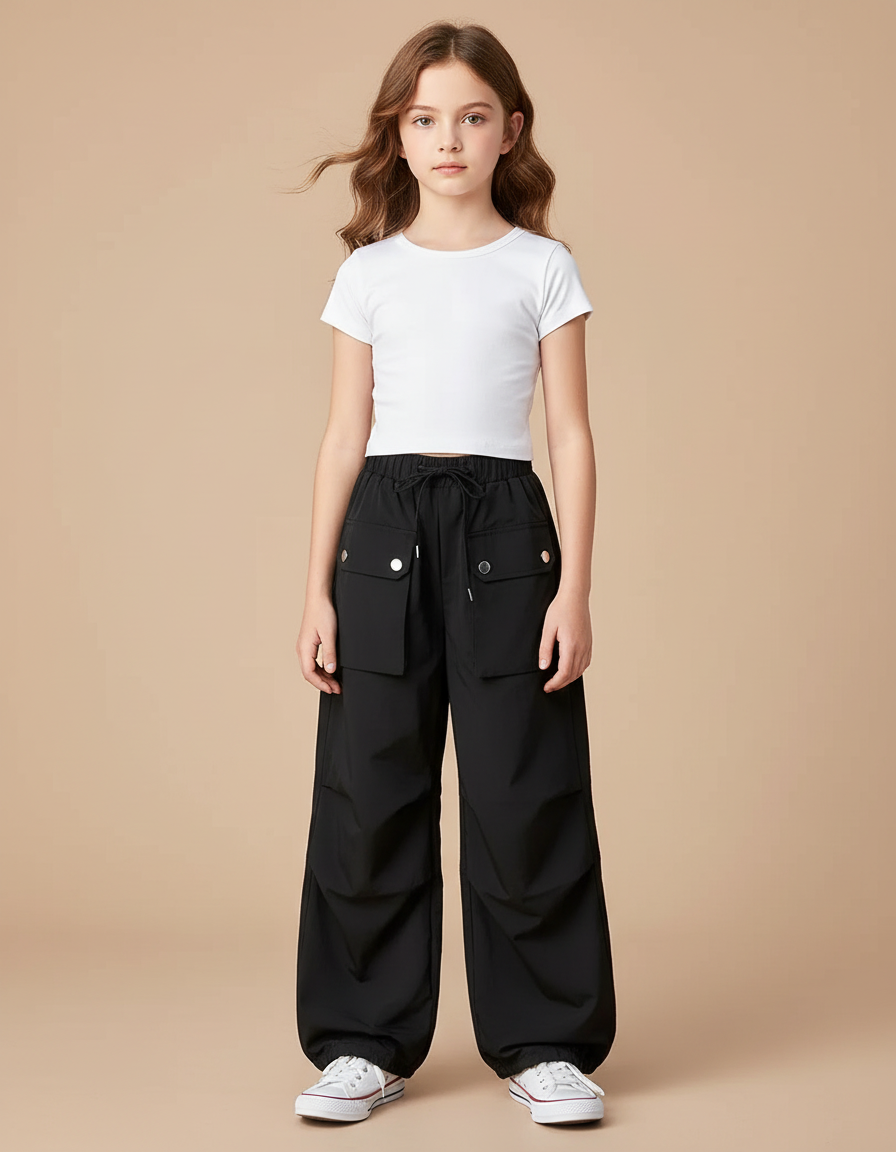 Pantalon Parachute Noir Cargo Ample Fille Léger - Polyester