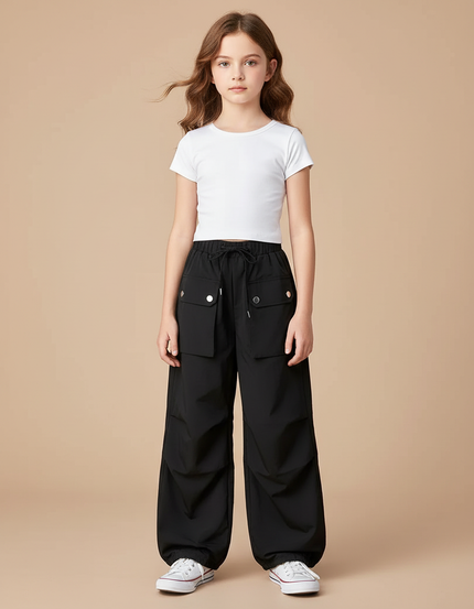 Pantalon Parachute Noir Cargo Ample Fille Léger - Polyester