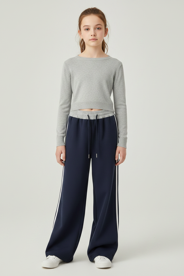 Pantalon Parachute Bleu Marine Rayures Blanches Ample Fille - Molleton