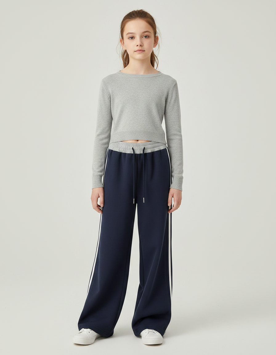 Pantalon Parachute Bleu Marine Rayures Blanches Ample Fille - Molleton