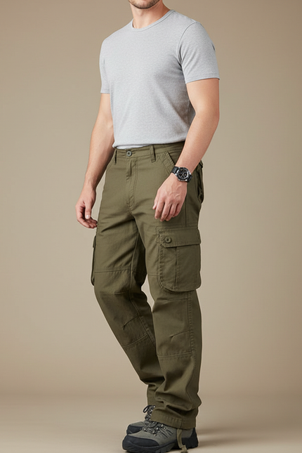 Pantalon Parachute Kaki Ample Coton Multi-Poches Homme