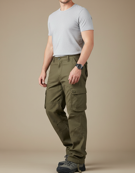 Pantalon Parachute Kaki Ample Coton Multi-Poches Homme