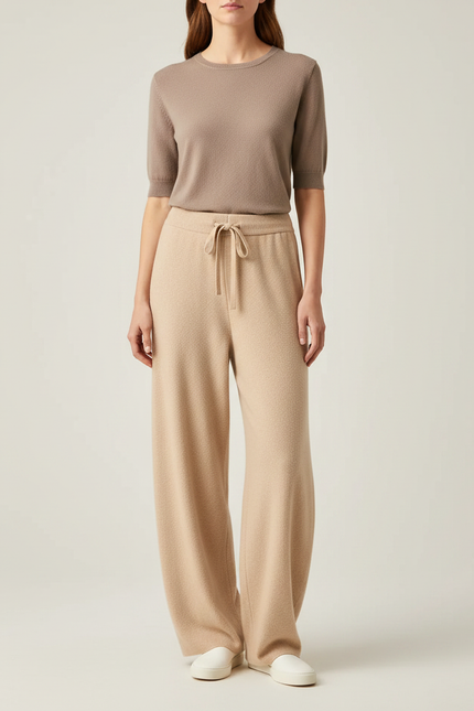 Pantalon Parachute Beige Laine Ample Décontracté Femme