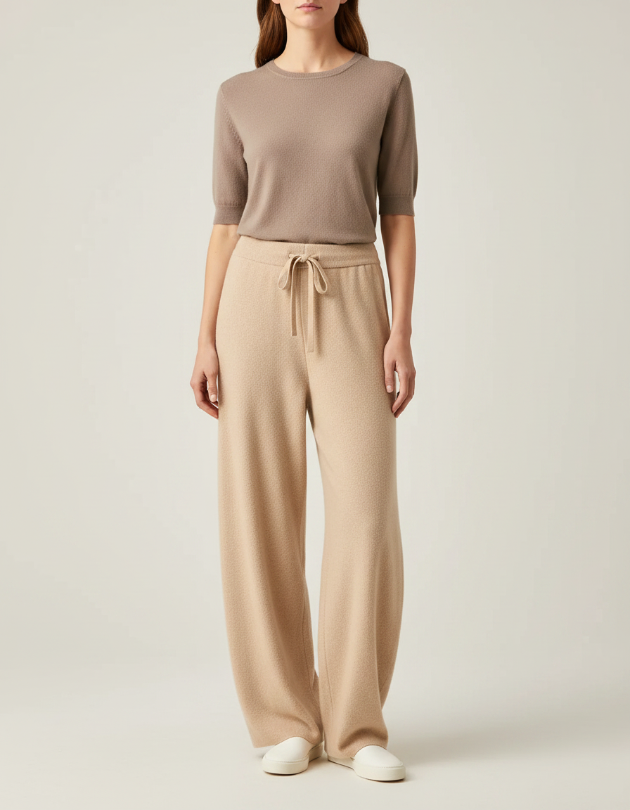 Pantalon Parachute Beige Laine Ample Décontracté Femme