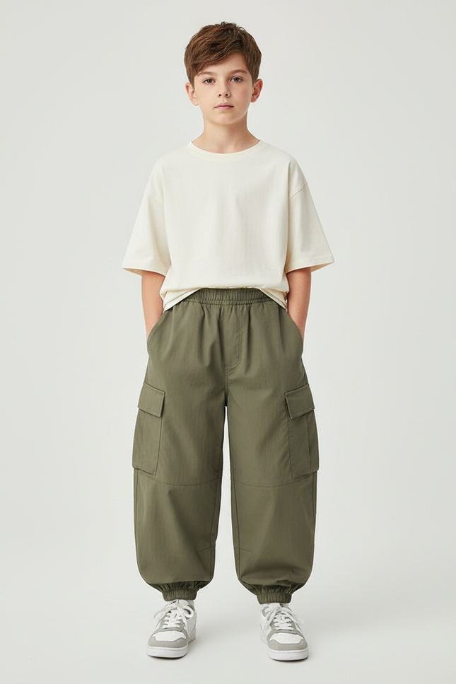 Pantalon Parachute Kaki Ample Cargo Garçon Moderne - Polyester