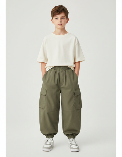 Pantalon Parachute Kaki Ample Cargo Garçon Moderne - Polyester
