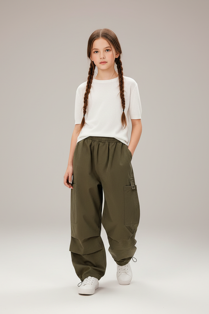 Pantalon Parachute Kaki Ample Cargo Fille - Toile