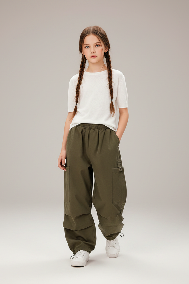 Pantalon Parachute Kaki Ample Cargo Fille - Toile