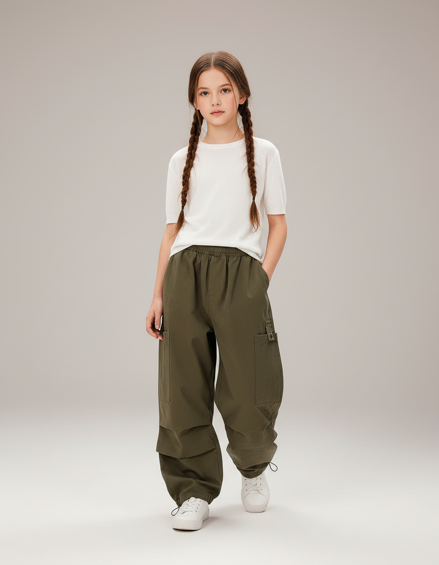 Pantalon Parachute Kaki Ample Cargo Fille - Toile