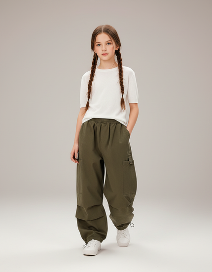 Pantalon Parachute Kaki Ample Cargo Fille - Toile