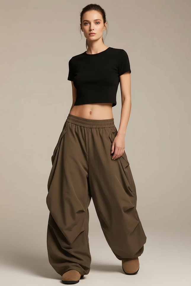 Pantalon Parachute Kaki Ample Fluide Cargo Femme - Polyester