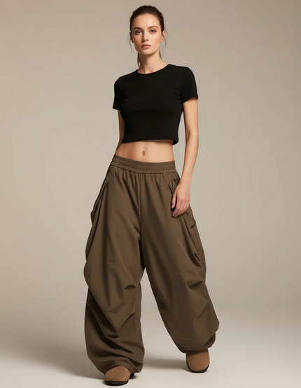 Pantalon Parachute Kaki Ample Fluide Cargo Femme - Polyester