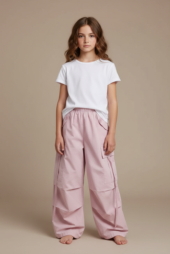 Pantalon Parachute Rose Cargo Ample Fille Coton