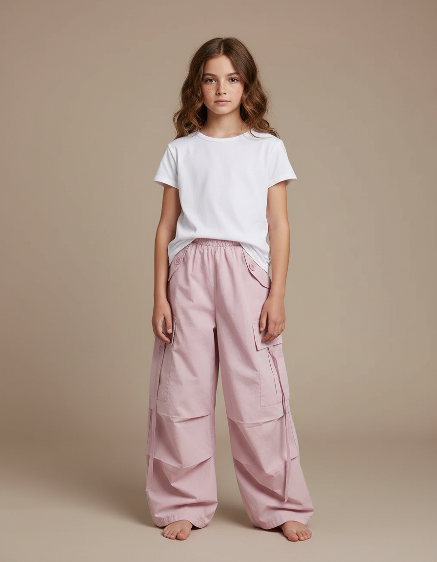 Pantalon Parachute Rose Cargo Ample Fille Coton