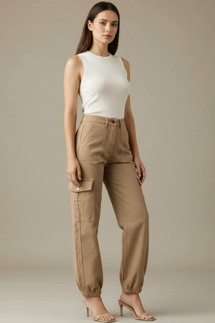 Pantalon Parachute Beige Cargo Ample Cordon Élastique - Toile