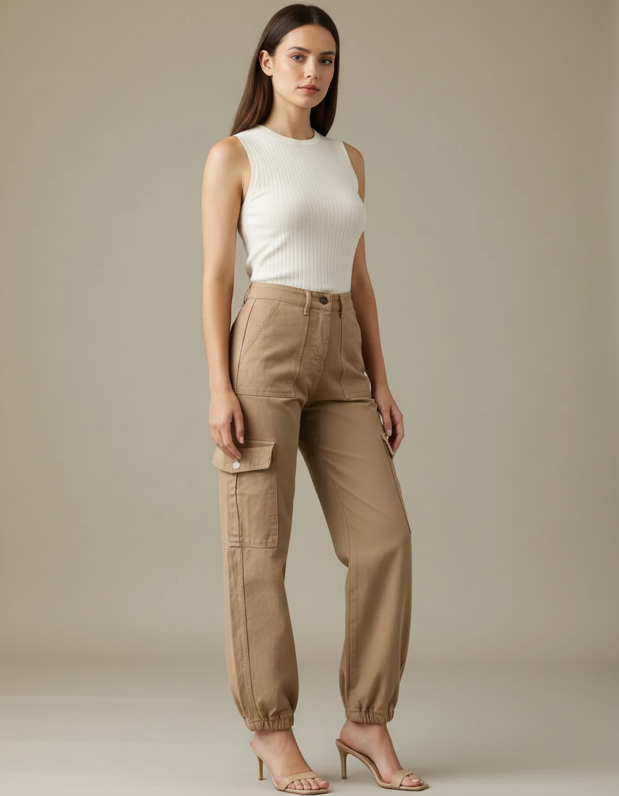 Pantalon Parachute Beige Cargo Ample Cordon Élastique - Toile
