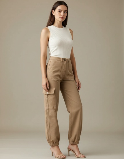Pantalon Parachute Beige Cargo Ample Cordon Élastique - Toile