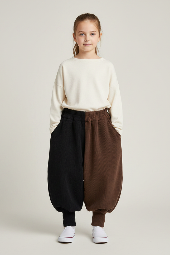 Pantalon Parachute Bicolore Noir Marron Ample Côtelé - Multicolore Cordé