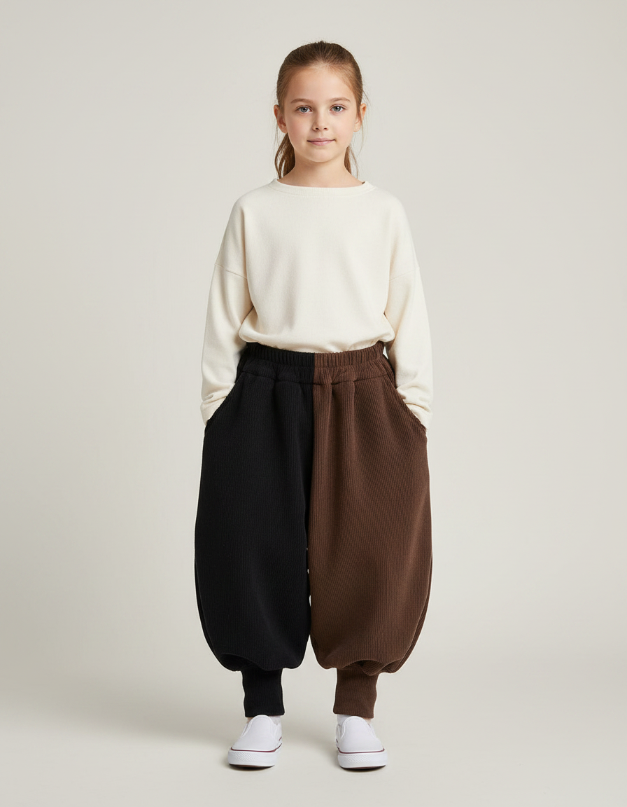 Pantalon Parachute Bicolore Noir Marron Ample Côtelé - Multicolore Cordé