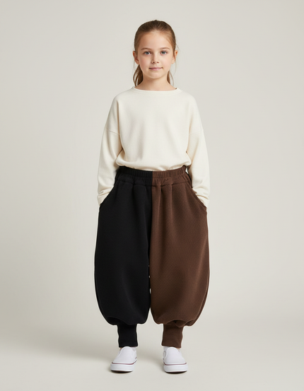 Pantalon Parachute Bicolore Noir Marron Ample Côtelé - Multicolore Cordé