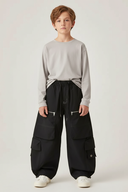 Pantalon Parachute Garçon Noir Baggy - Polyester
