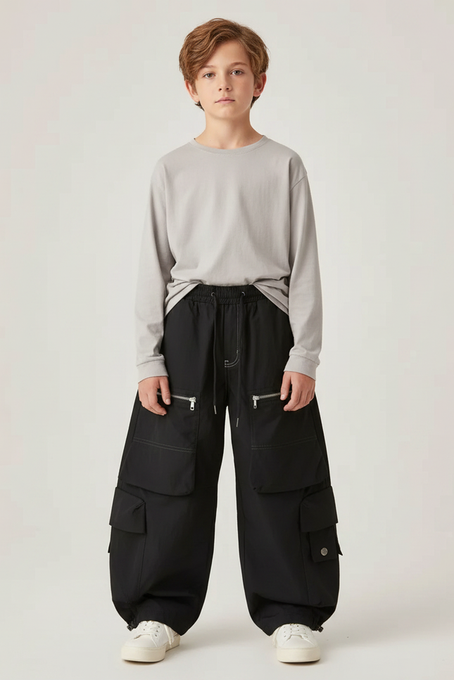 Pantalon Parachute Garçon Noir Baggy - Polyester