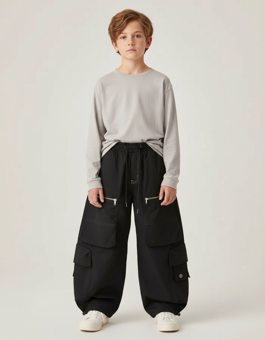 Pantalon Parachute Garçon Noir Baggy - Polyester
