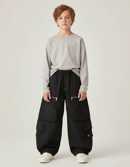 Pantalon Parachute Garçon Noir Baggy - Polyester