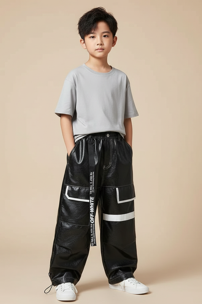 Pantalon Parachute Noir Cargo Imprimé Garçon Streetwear - Simili cuir