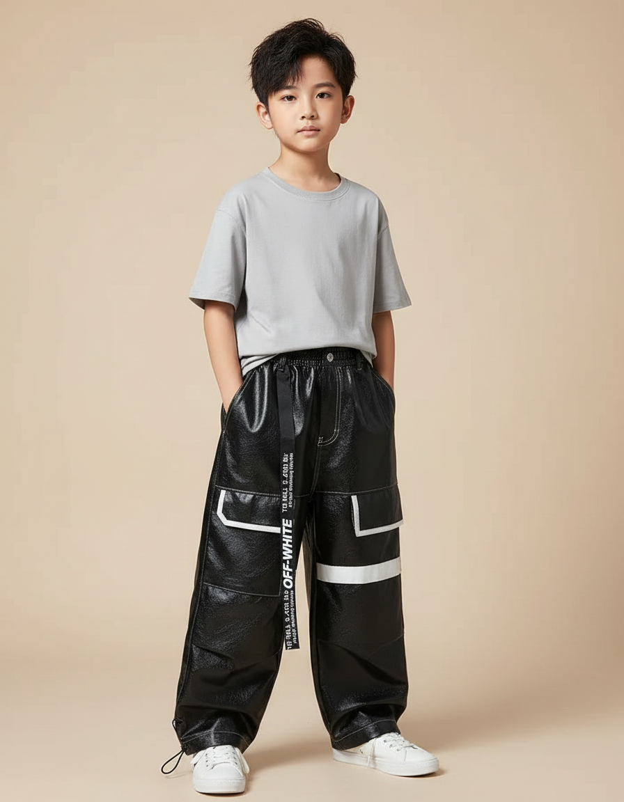 Pantalon Parachute Noir Cargo Imprimé Garçon Streetwear - Simili cuir
