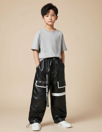 Pantalon Parachute Noir Cargo Imprimé Garçon Streetwear - Simili cuir
