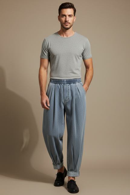 Pantalon Parachute Bleu Délavé Ample Plissé Décontracté Homme - Jean
