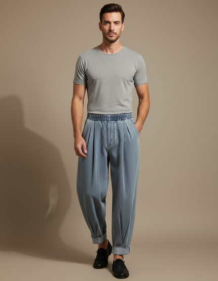 Pantalon Parachute Bleu Délavé Ample Plissé Décontracté Homme - Jean