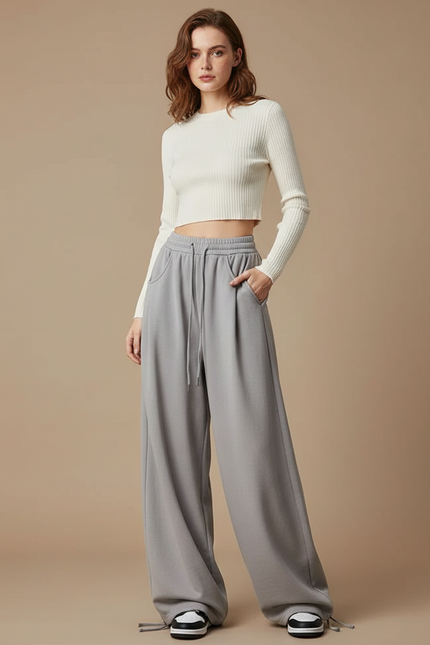 Pantalon Parachute Gris Ample Décontracté Large Femme - Molleton
