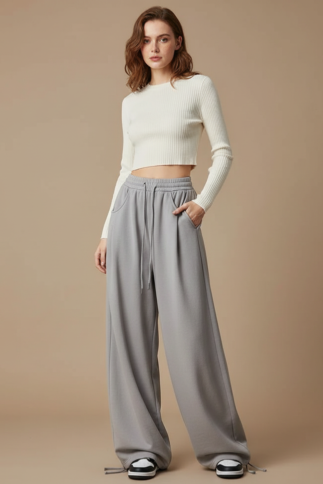 Pantalon Parachute Gris Ample Décontracté Large Femme - Molleton