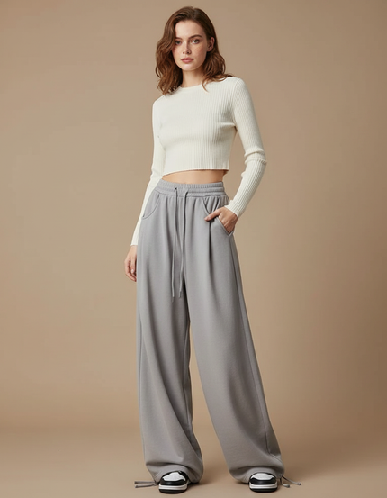 Pantalon Parachute Gris Ample Décontracté Large Femme - Molleton