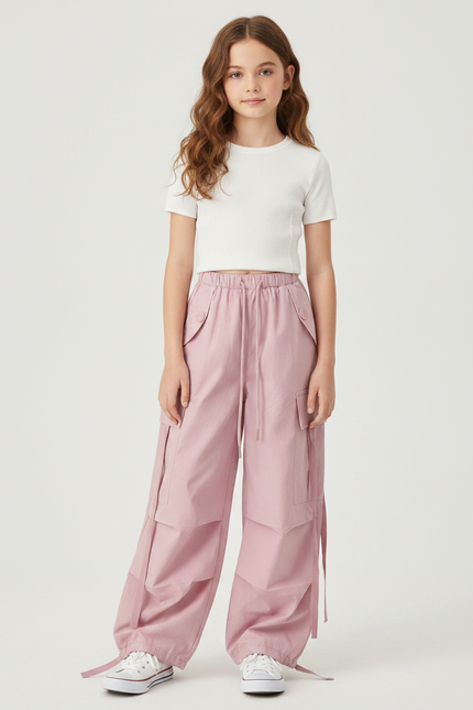 Pantalon Parachute Rose Cargo Ample Coton Multipoches