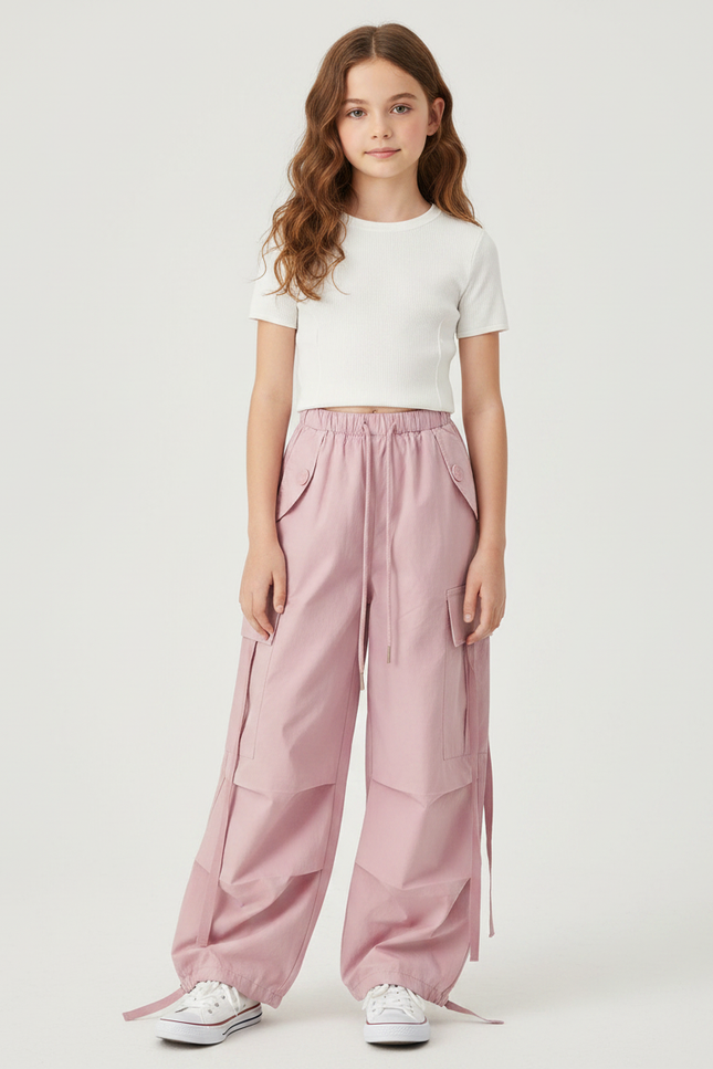 Pantalon Parachute Rose Cargo Ample Coton Multipoches