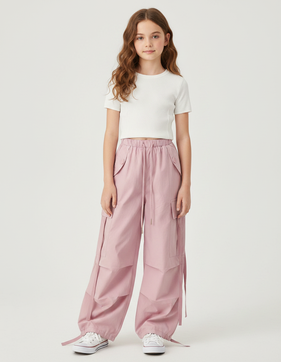 Pantalon Parachute Rose Cargo Ample Coton Multipoches
