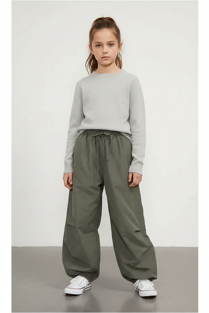 Pantalon Parachute Vert Ample Fluide Décontracté Adolescent - Kaki Polyester