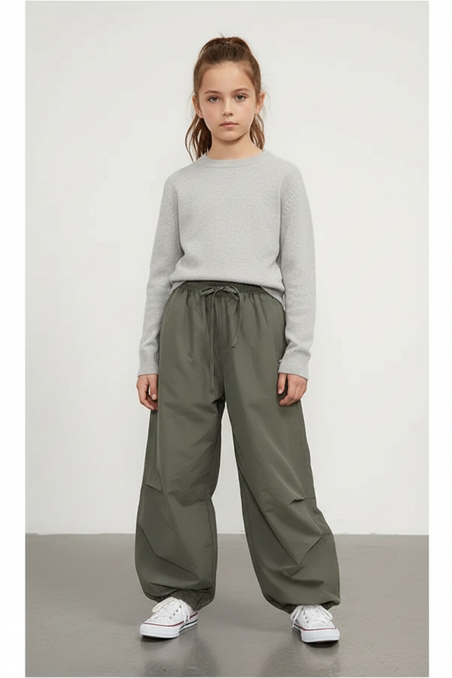Pantalon Parachute Vert Ample Fluide Décontracté Adolescent - Kaki Polyester