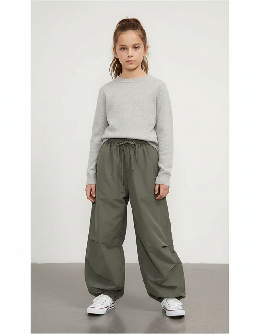 Pantalon Parachute Vert Ample Fluide Décontracté Adolescent - Kaki Polyester