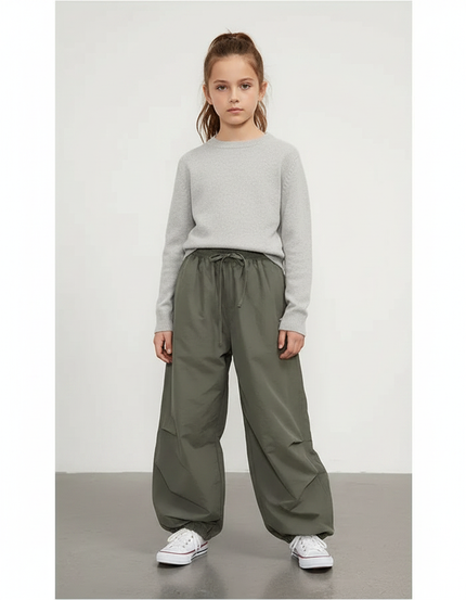 Pantalon Parachute Vert Ample Fluide Décontracté Adolescent - Kaki Polyester