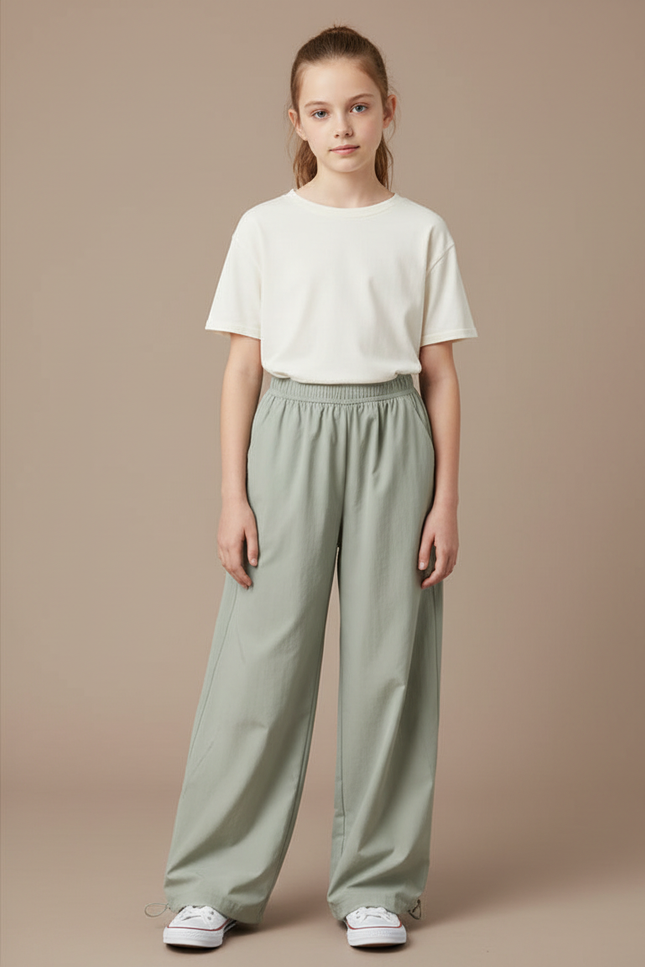 Pantalon Parachute Vert Ample Décontracté Fille - Polyester