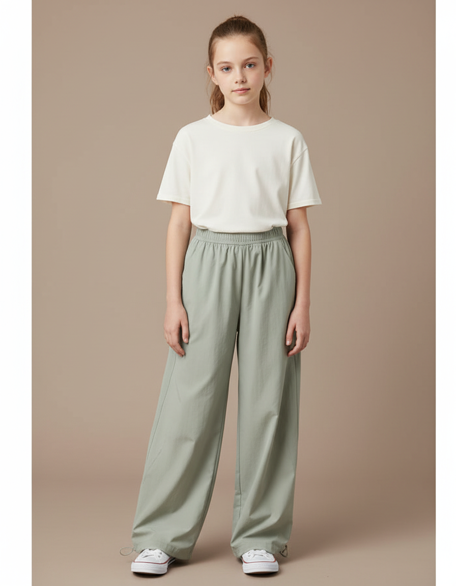Pantalon Parachute Vert Ample Décontracté Fille - Polyester